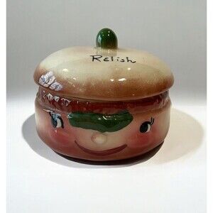 Deforest of California Relish Jar Hamburger Anthropomorphic Pottery MCM Vintage